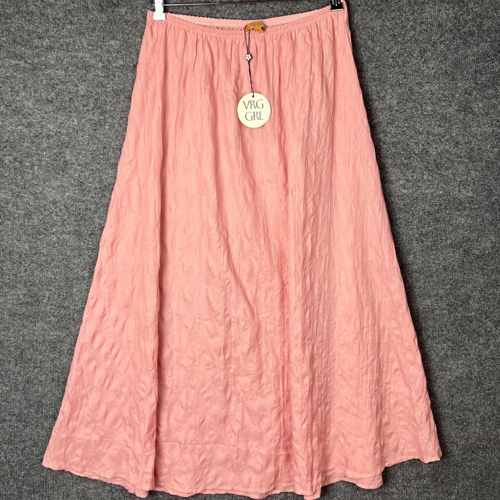 NEW VRG GRL Maxi Skirt Size 10 Pink Crinkle Textured Elastic Waist Boho